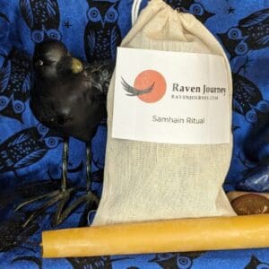 A bag of black raven feathers sitting on top of a blue blanket.