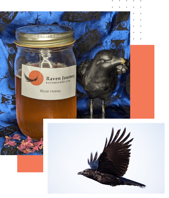 A jar of honey and a bird flying in the air.